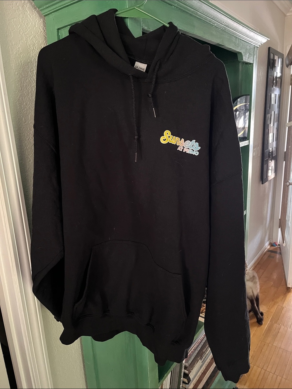 Gildan Black Hoodie with Small Yellow & Blue 'Sunsets' Chest Logo